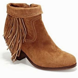 Sam Edelman Sz 10M Louie Cognac Suede Leather Fringe Bootie Brown Cowboy Heel